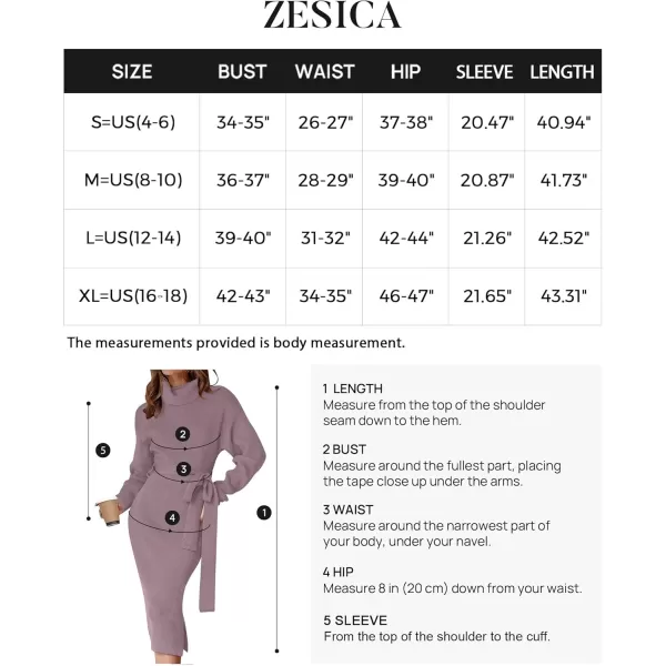 ZESICA Womens Turtleneck Sweater Midi Dress Long Sleeve Ribbed Knit Bodycon Slit Dress with BeltDarkviolet