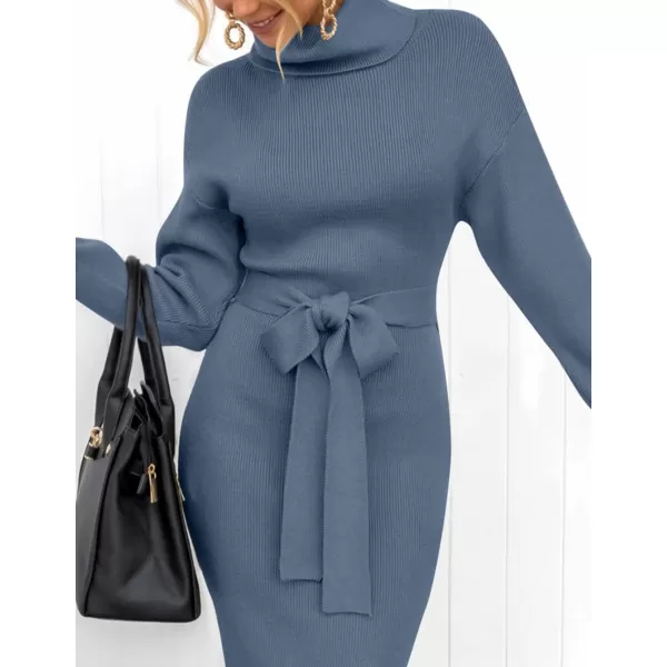 ZESICA Womens Turtleneck Sweater Midi Dress Long Sleeve Ribbed Knit Bodycon Slit Dress with BeltDustyblue