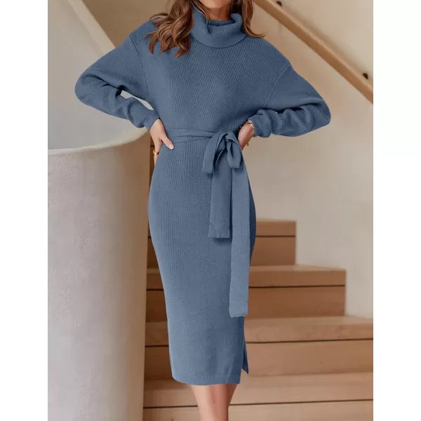 ZESICA Womens Turtleneck Sweater Midi Dress Long Sleeve Ribbed Knit Bodycon Slit Dress with BeltDustyblue