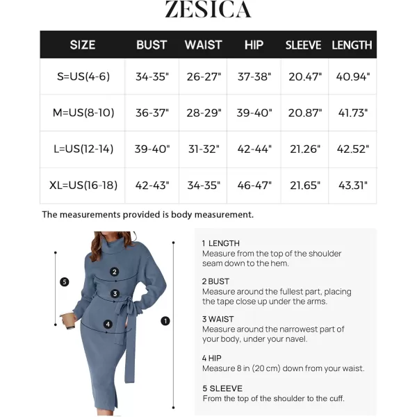 ZESICA Womens Turtleneck Sweater Midi Dress Long Sleeve Ribbed Knit Bodycon Slit Dress with BeltDustyblue