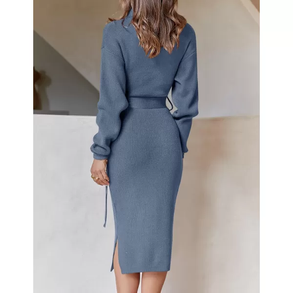 ZESICA Womens Turtleneck Sweater Midi Dress Long Sleeve Ribbed Knit Bodycon Slit Dress with BeltDustyblue