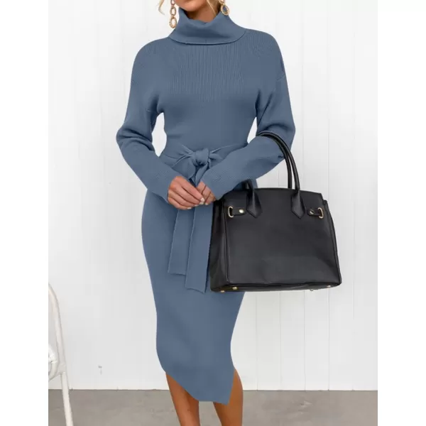 ZESICA Womens Turtleneck Sweater Midi Dress Long Sleeve Ribbed Knit Bodycon Slit Dress with BeltDustyblue