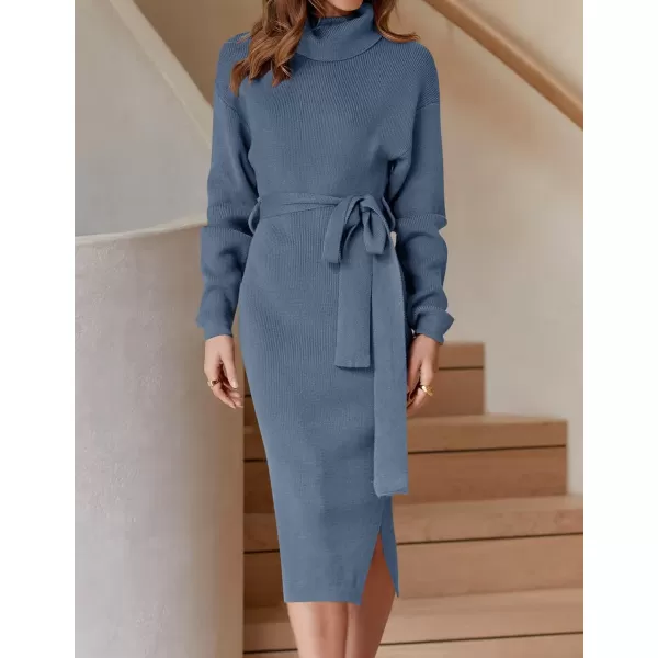 ZESICA Womens Turtleneck Sweater Midi Dress Long Sleeve Ribbed Knit Bodycon Slit Dress with BeltDustyblue