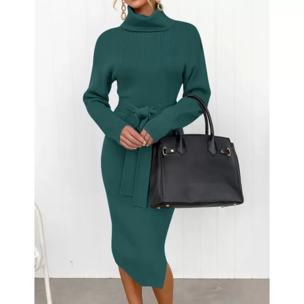 ZESICA Womens Turtleneck Sweater Midi Dress Long Sleeve Ribbed Knit Bodycon Slit Dress with BeltForestgreen