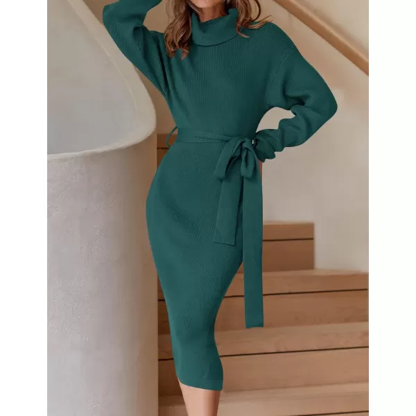 ZESICA Womens Turtleneck Sweater Midi Dress Long Sleeve Ribbed Knit Bodycon Slit Dress with BeltForestgreen