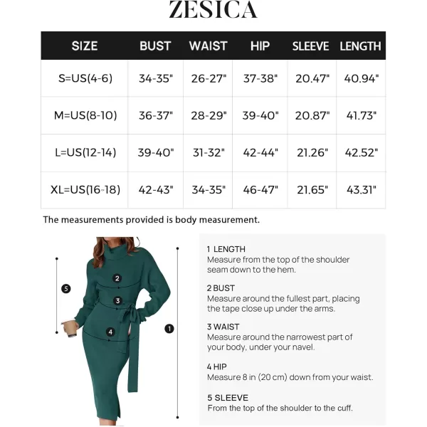ZESICA Womens Turtleneck Sweater Midi Dress Long Sleeve Ribbed Knit Bodycon Slit Dress with BeltForestgreen
