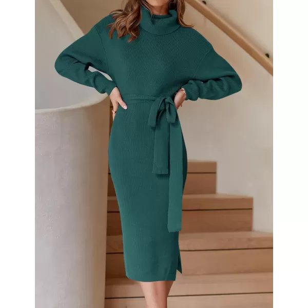 ZESICA Womens Turtleneck Sweater Midi Dress Long Sleeve Ribbed Knit Bodycon Slit Dress with BeltForestgreen