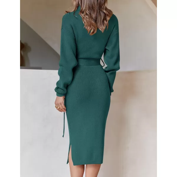 ZESICA Womens Turtleneck Sweater Midi Dress Long Sleeve Ribbed Knit Bodycon Slit Dress with BeltForestgreen