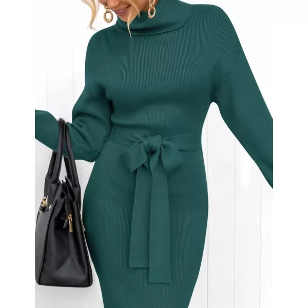 ZESICA Womens Turtleneck Sweater Midi Dress Long Sleeve Ribbed Knit Bodycon Slit Dress with BeltForestgreen