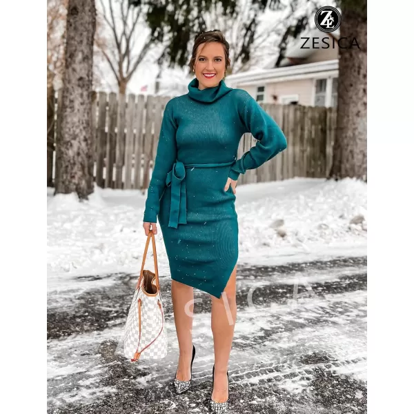 ZESICA Womens Turtleneck Sweater Midi Dress Long Sleeve Ribbed Knit Bodycon Slit Dress with BeltForestgreen