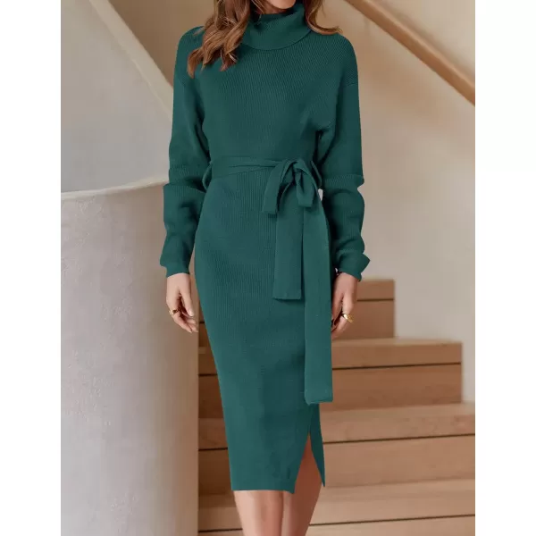 ZESICA Womens Turtleneck Sweater Midi Dress Long Sleeve Ribbed Knit Bodycon Slit Dress with BeltForestgreen