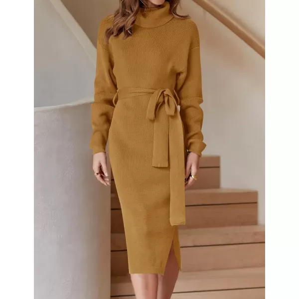ZESICA Womens Turtleneck Sweater Midi Dress Long Sleeve Ribbed Knit Bodycon Slit Dress with BeltGinger