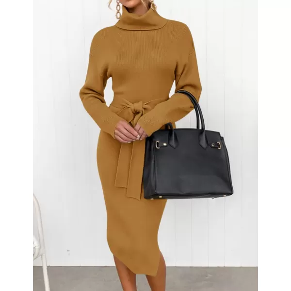 ZESICA Womens Turtleneck Sweater Midi Dress Long Sleeve Ribbed Knit Bodycon Slit Dress with BeltGinger
