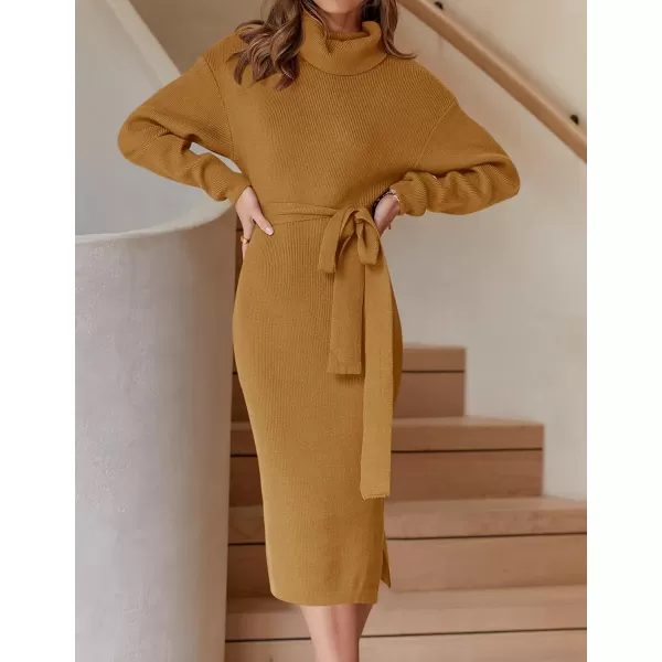 ZESICA Womens Turtleneck Sweater Midi Dress Long Sleeve Ribbed Knit Bodycon Slit Dress with BeltGinger
