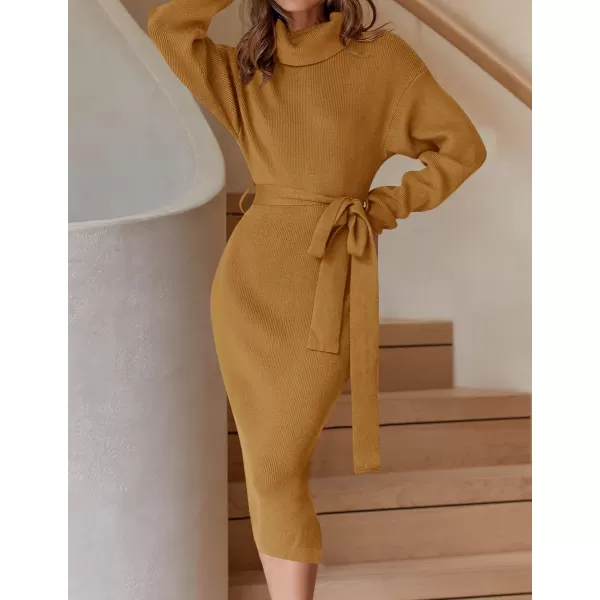 ZESICA Womens Turtleneck Sweater Midi Dress Long Sleeve Ribbed Knit Bodycon Slit Dress with BeltGinger