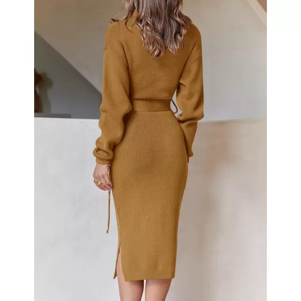 ZESICA Womens Turtleneck Sweater Midi Dress Long Sleeve Ribbed Knit Bodycon Slit Dress with BeltGinger