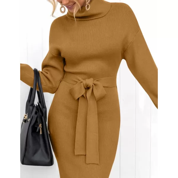 ZESICA Womens Turtleneck Sweater Midi Dress Long Sleeve Ribbed Knit Bodycon Slit Dress with BeltGinger