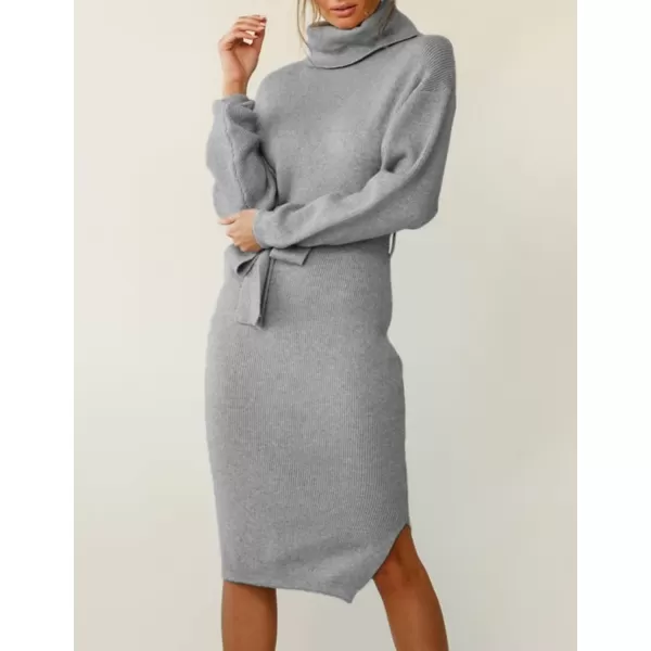 ZESICA Womens Turtleneck Sweater Midi Dress Long Sleeve Ribbed Knit Bodycon Slit Dress with BeltGrey