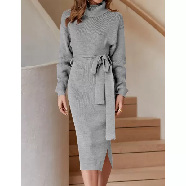 ZESICA Womens Turtleneck Sweater Midi Dress Long Sleeve Ribbed Knit Bodycon Slit Dress with BeltGrey