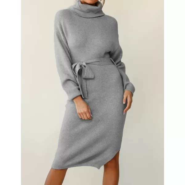 ZESICA Womens Turtleneck Sweater Midi Dress Long Sleeve Ribbed Knit Bodycon Slit Dress with BeltGrey