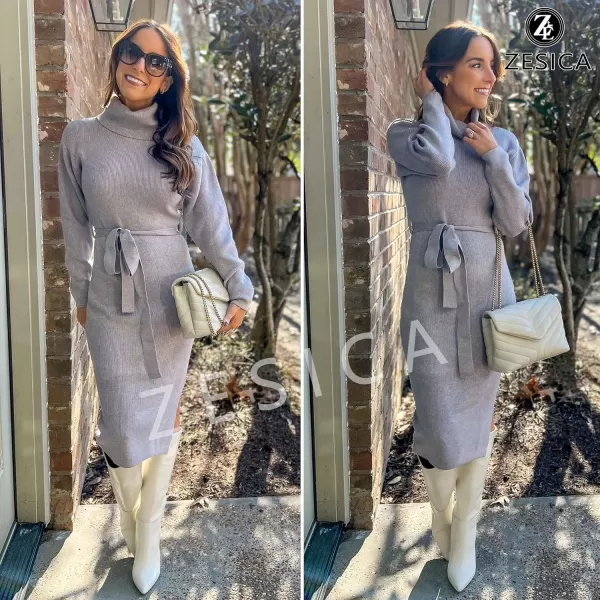 ZESICA Womens Turtleneck Sweater Midi Dress Long Sleeve Ribbed Knit Bodycon Slit Dress with BeltGrey