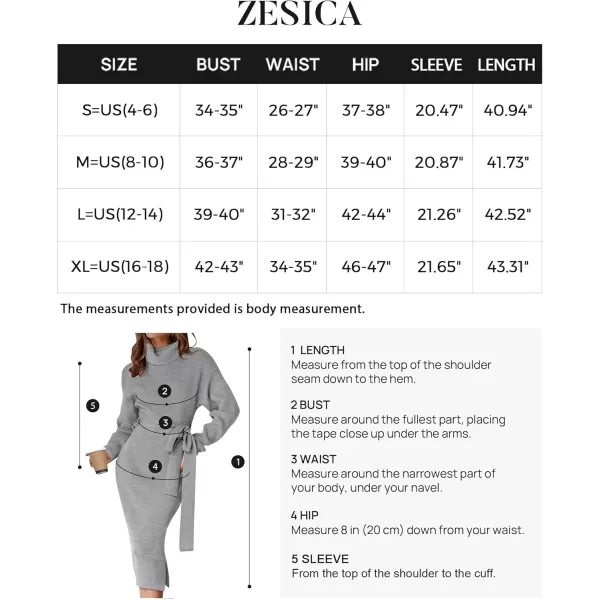 ZESICA Womens Turtleneck Sweater Midi Dress Long Sleeve Ribbed Knit Bodycon Slit Dress with BeltGrey