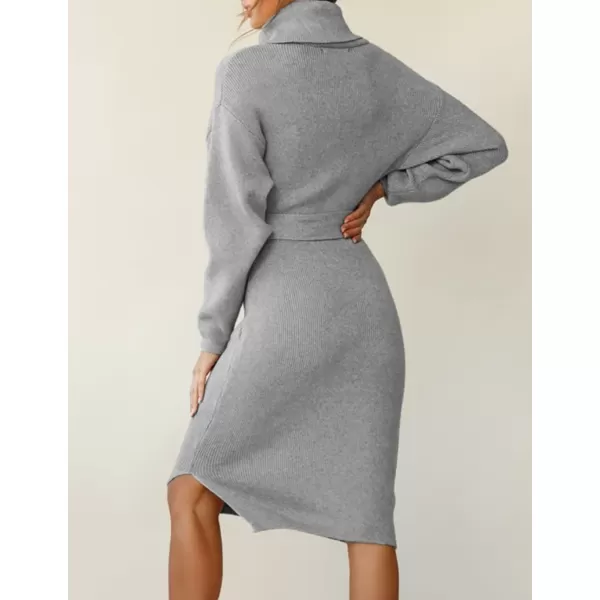 ZESICA Womens Turtleneck Sweater Midi Dress Long Sleeve Ribbed Knit Bodycon Slit Dress with BeltGrey