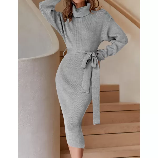 ZESICA Womens Turtleneck Sweater Midi Dress Long Sleeve Ribbed Knit Bodycon Slit Dress with BeltGrey