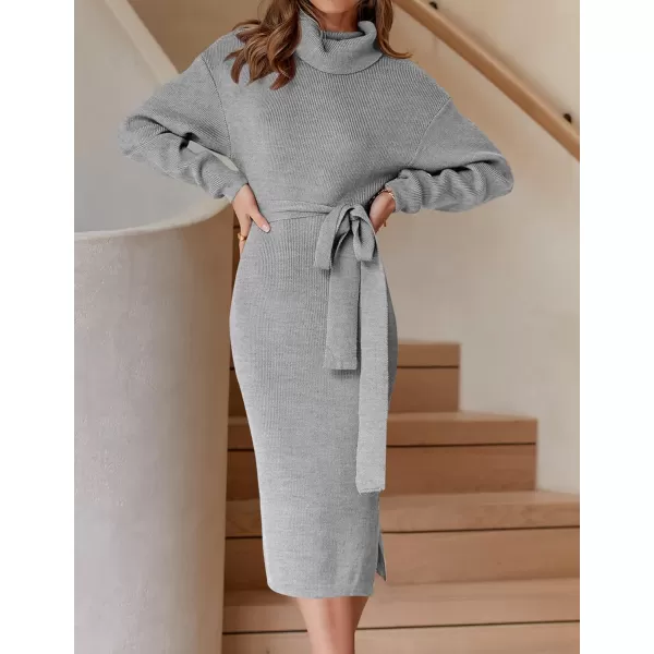 ZESICA Womens Turtleneck Sweater Midi Dress Long Sleeve Ribbed Knit Bodycon Slit Dress with BeltGrey