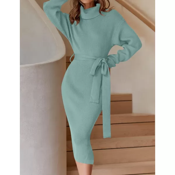 ZESICA Womens Turtleneck Sweater Midi Dress Long Sleeve Ribbed Knit Bodycon Slit Dress with BeltLake