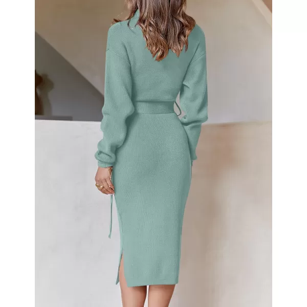 ZESICA Womens Turtleneck Sweater Midi Dress Long Sleeve Ribbed Knit Bodycon Slit Dress with BeltLake