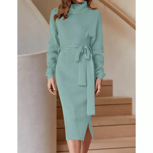 ZESICA Womens Turtleneck Sweater Midi Dress Long Sleeve Ribbed Knit Bodycon Slit Dress with BeltLake