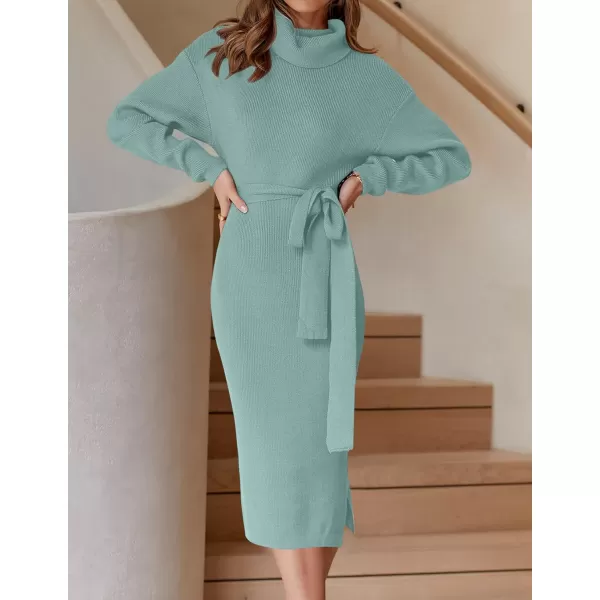 ZESICA Womens Turtleneck Sweater Midi Dress Long Sleeve Ribbed Knit Bodycon Slit Dress with BeltLake