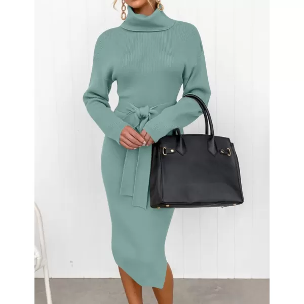 ZESICA Womens Turtleneck Sweater Midi Dress Long Sleeve Ribbed Knit Bodycon Slit Dress with BeltLake