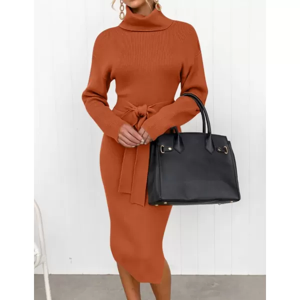 ZESICA Womens Turtleneck Sweater Midi Dress Long Sleeve Ribbed Knit Bodycon Slit Dress with BeltMaple
