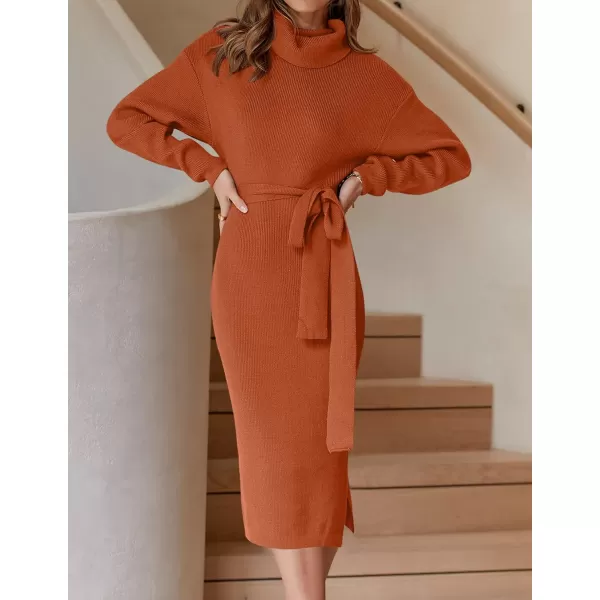 ZESICA Womens Turtleneck Sweater Midi Dress Long Sleeve Ribbed Knit Bodycon Slit Dress with BeltMaple