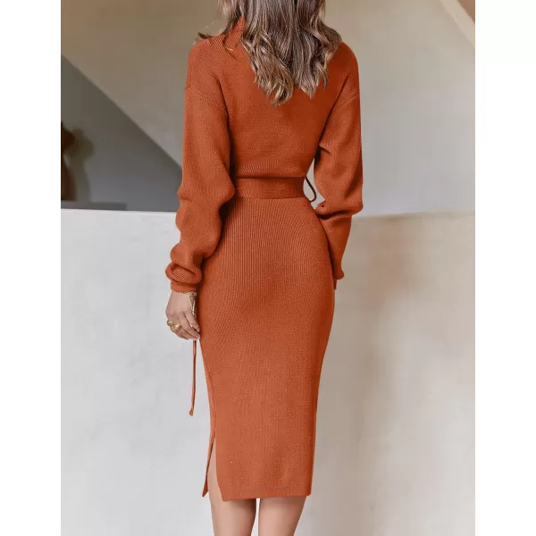 ZESICA Womens Turtleneck Sweater Midi Dress Long Sleeve Ribbed Knit Bodycon Slit Dress with BeltMaple