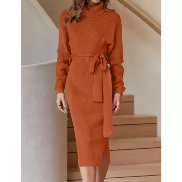 ZESICA Womens Turtleneck Sweater Midi Dress Long Sleeve Ribbed Knit Bodycon Slit Dress with BeltMaple