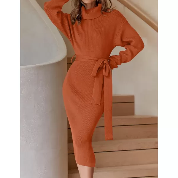 ZESICA Womens Turtleneck Sweater Midi Dress Long Sleeve Ribbed Knit Bodycon Slit Dress with BeltMaple
