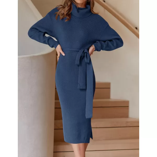 ZESICA Womens Turtleneck Sweater Midi Dress Long Sleeve Ribbed Knit Bodycon Slit Dress with BeltNavy