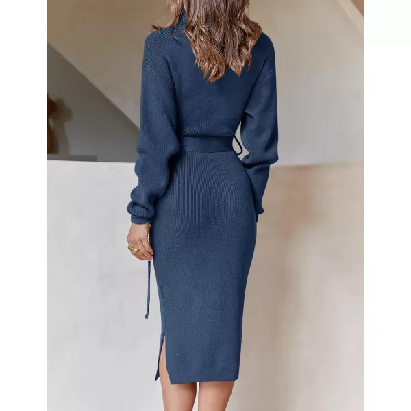 ZESICA Womens Turtleneck Sweater Midi Dress Long Sleeve Ribbed Knit Bodycon Slit Dress with BeltNavy