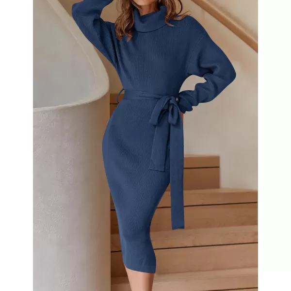 ZESICA Womens Turtleneck Sweater Midi Dress Long Sleeve Ribbed Knit Bodycon Slit Dress with BeltNavy