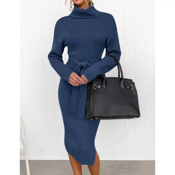 ZESICA Womens Turtleneck Sweater Midi Dress Long Sleeve Ribbed Knit Bodycon Slit Dress with BeltNavy