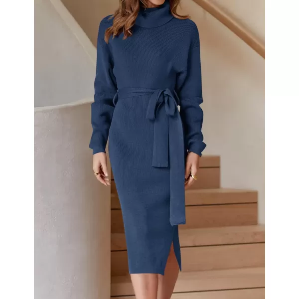 ZESICA Womens Turtleneck Sweater Midi Dress Long Sleeve Ribbed Knit Bodycon Slit Dress with BeltNavy