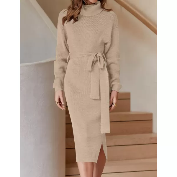 ZESICA Womens Turtleneck Sweater Midi Dress Long Sleeve Ribbed Knit Bodycon Slit Dress with BeltOatmeal