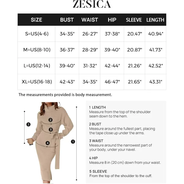 ZESICA Womens Turtleneck Sweater Midi Dress Long Sleeve Ribbed Knit Bodycon Slit Dress with BeltOatmeal