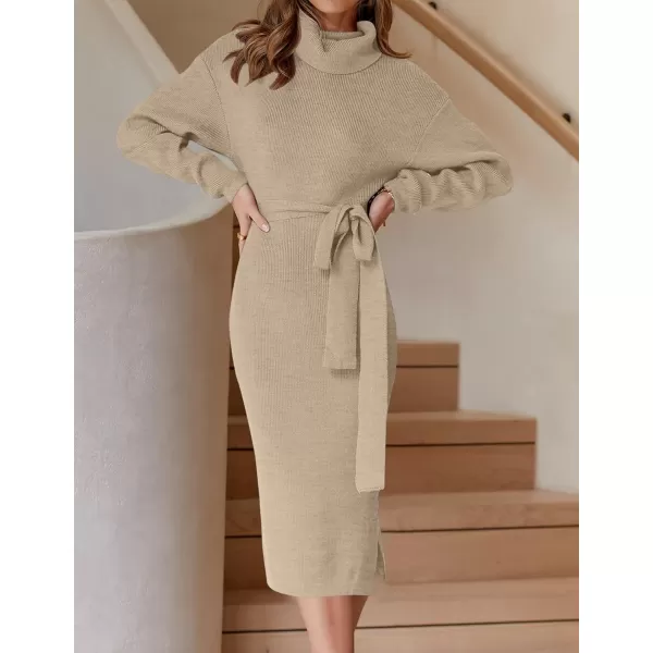 ZESICA Womens Turtleneck Sweater Midi Dress Long Sleeve Ribbed Knit Bodycon Slit Dress with BeltOatmeal