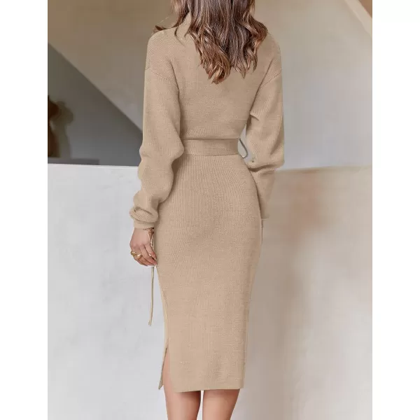 ZESICA Womens Turtleneck Sweater Midi Dress Long Sleeve Ribbed Knit Bodycon Slit Dress with BeltOatmeal