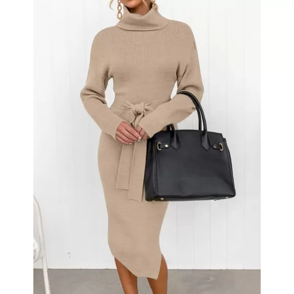 ZESICA Womens Turtleneck Sweater Midi Dress Long Sleeve Ribbed Knit Bodycon Slit Dress with BeltOatmeal