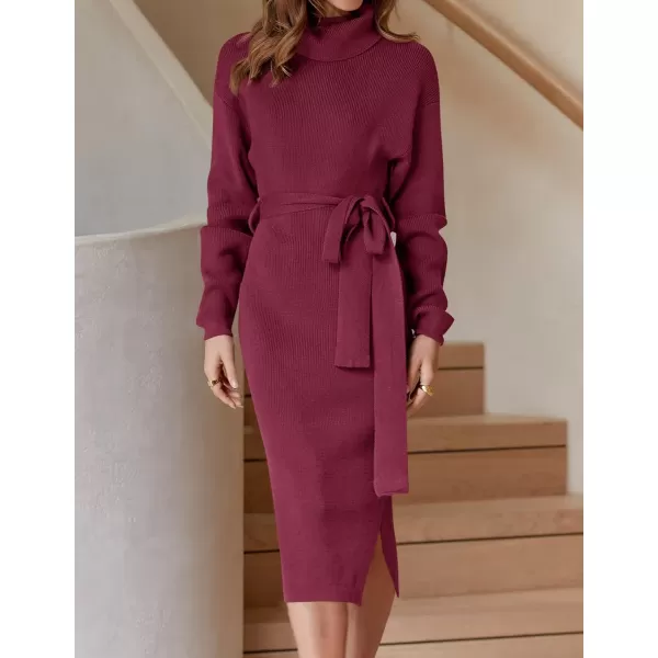 ZESICA Womens Turtleneck Sweater Midi Dress Long Sleeve Ribbed Knit Bodycon Slit Dress with BeltPlum